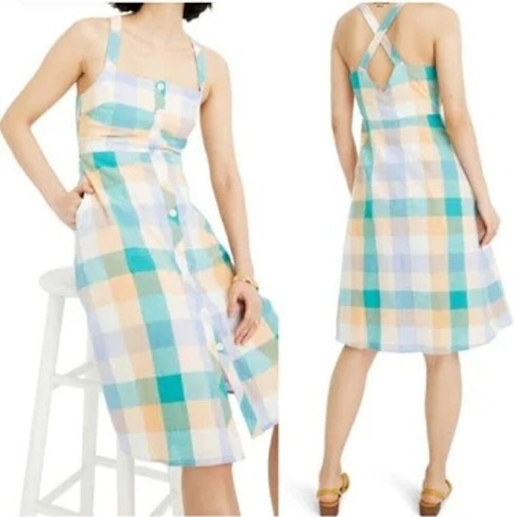 Madewell Womens Linen Blend Rainbow Check Sundress Picnic Apron Midi Small